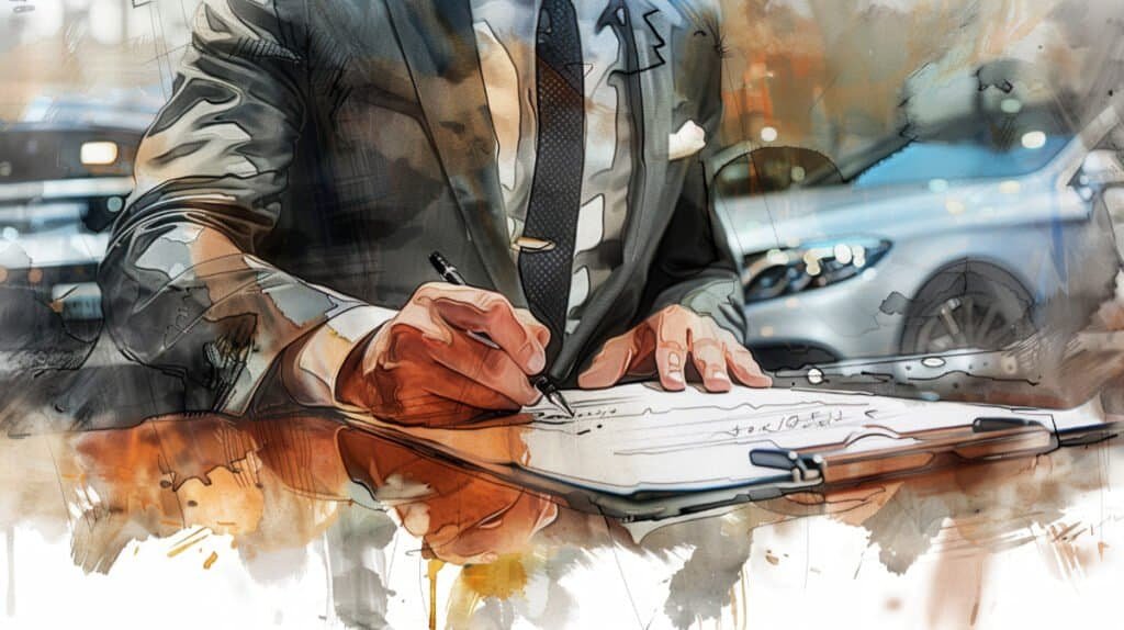 Watercolor illustration of a businessman in a suit signing a contract with a luxury car in the background.