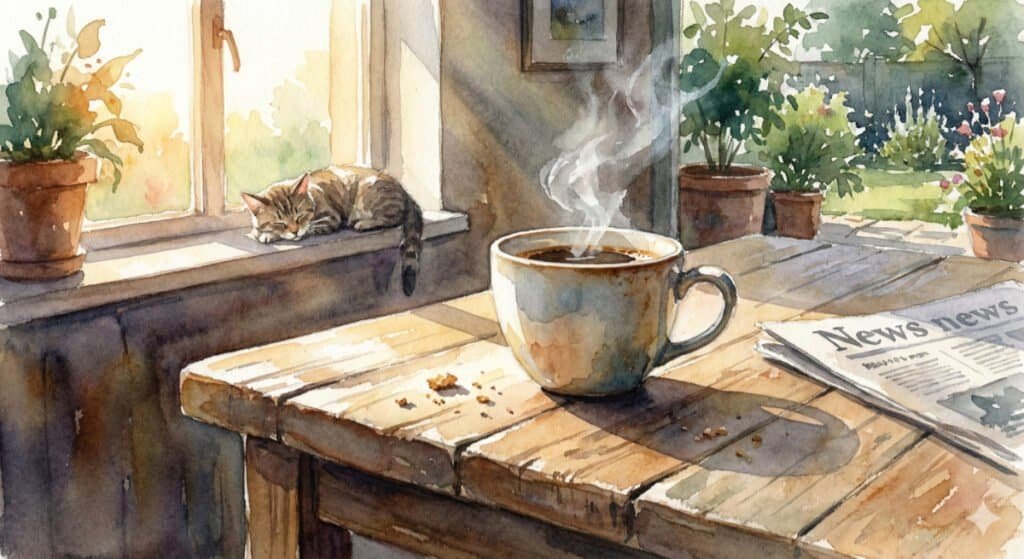 Watercolor image of a single coffee cup on a table, newspaper, and morning light through the window, plus cat on window sill.