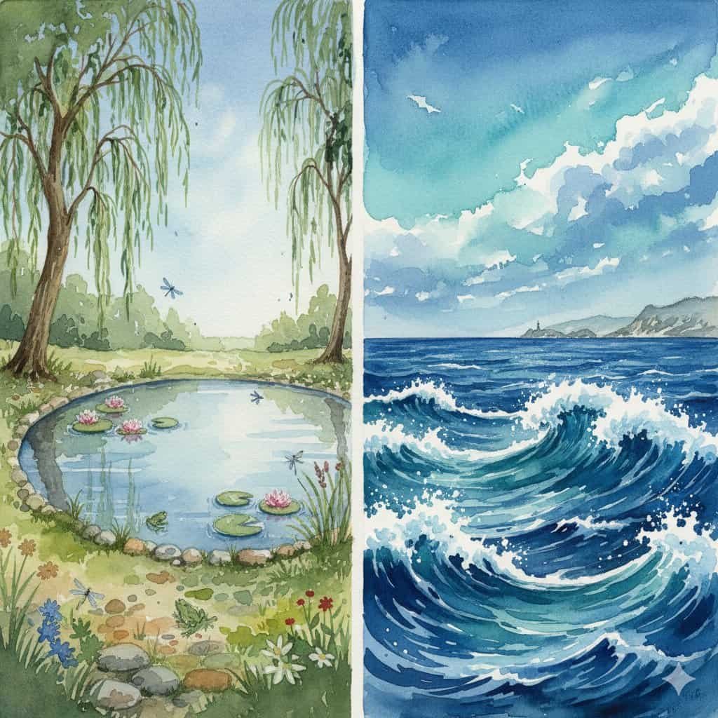 Small pond alongside vast ocean. Working hard in small ponds feels safer than oceans