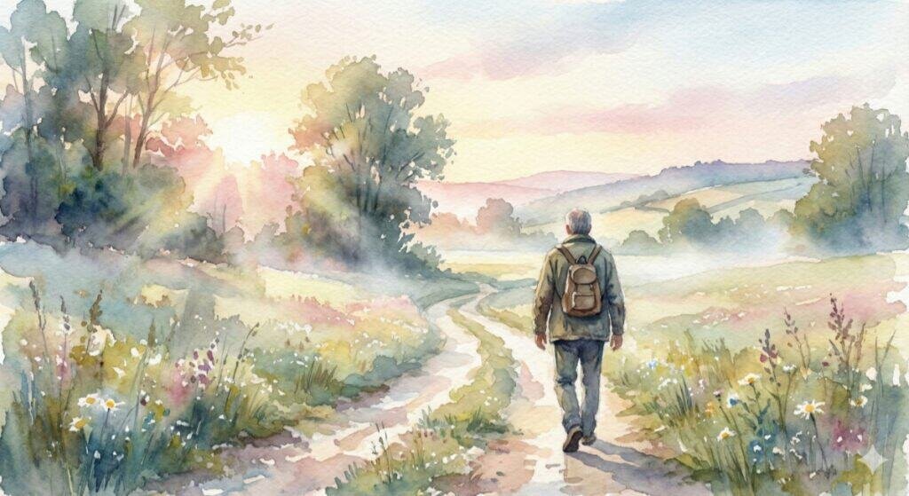 Watercolor painting of a middle-aged man walking on a path at dawn, soft hopeful light, peaceful atmosphere, subtle optimism