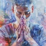 watercolor illustration of spiritual man praying in meditative pose with clasped hands