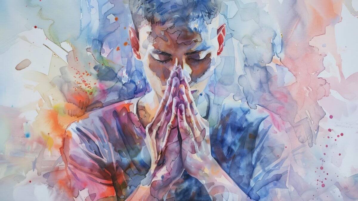 watercolor illustration of spiritual man praying in meditative pose with clasped hands