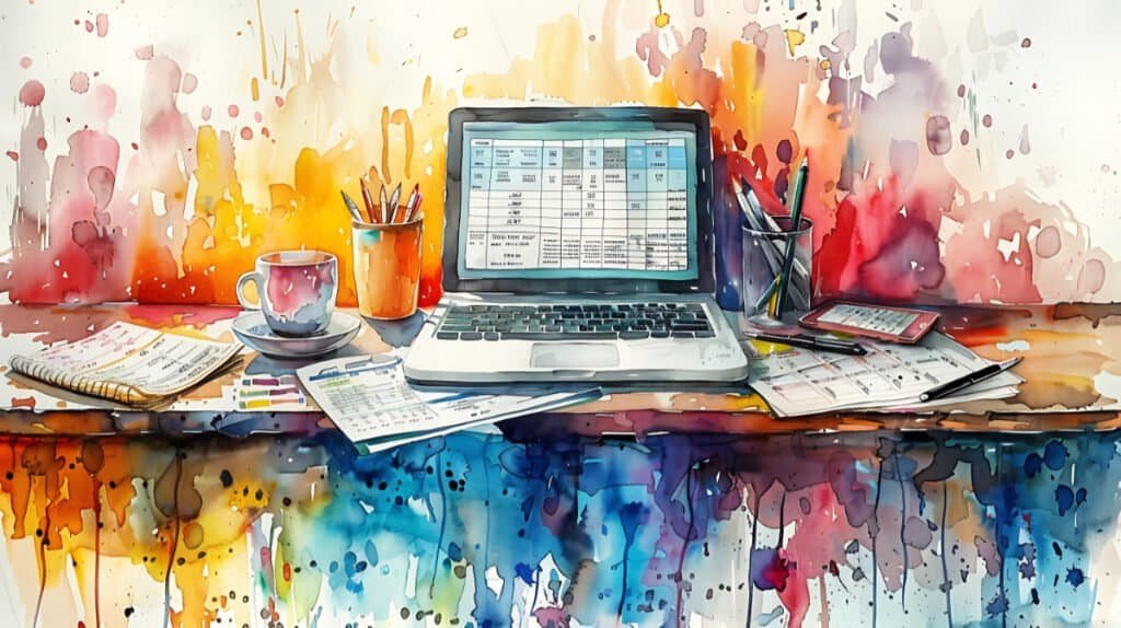 A laptop computer displaying financial spreadsheet on desk with calculator, bills, pay stubs and calendar.