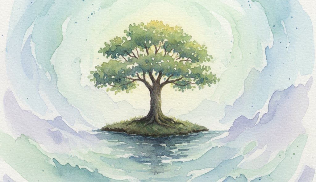 a sturdy tree on solid ground, surrounded by a misty landscape.