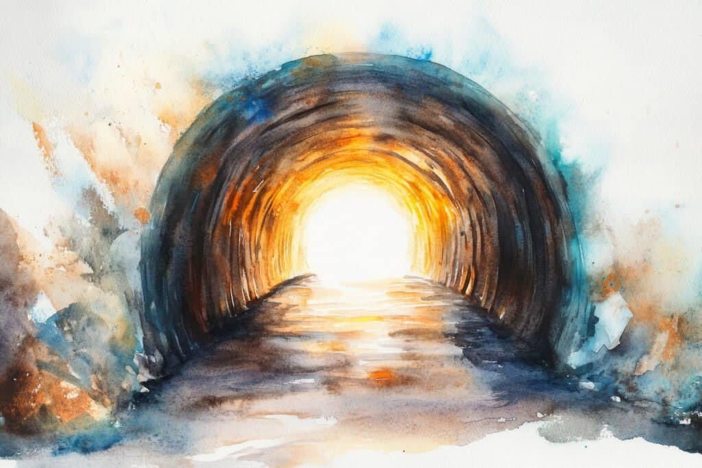 Watercolor Tunnel of Light - a dark tunnel leading to a bright light at the end, as reported by people who have near-death experiences.