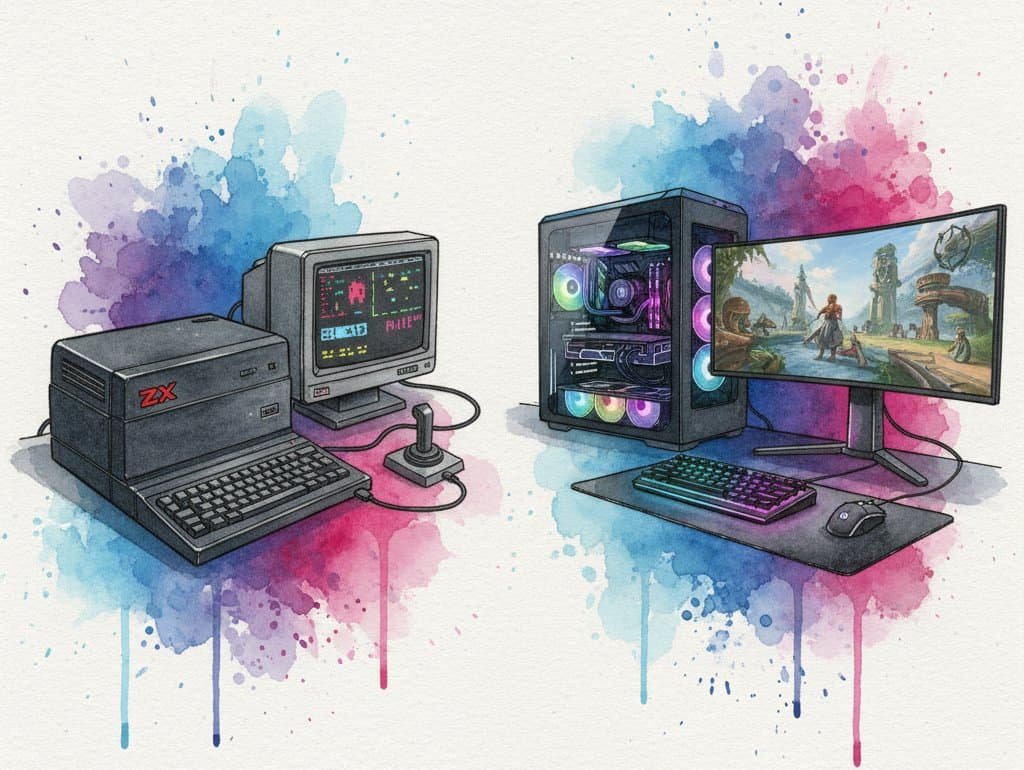 watercolor image showing a vintage computer (Sinclair ZX Spectrum style) next to a modern gaming PC