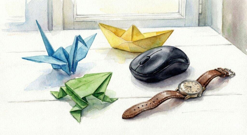 Watercolor of origami, computer mouse and wrist watch on white table