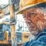 Older construction worker working hard operating heavy machinery