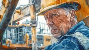 Older construction worker working hard operating heavy machinery