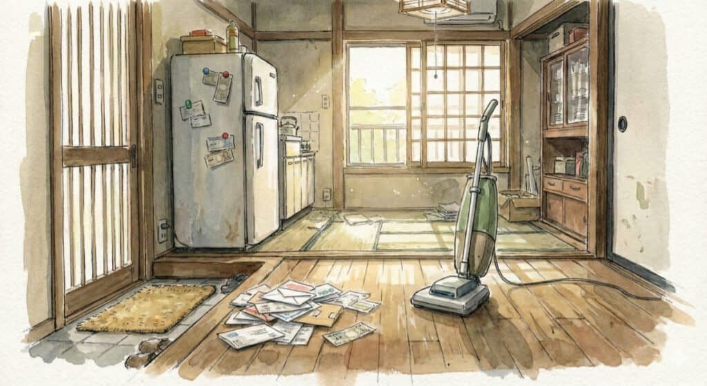 Watercolor of an old-style Japanese room with bills on the floor and refrigerator, and a vacuum cleaner ready to go.