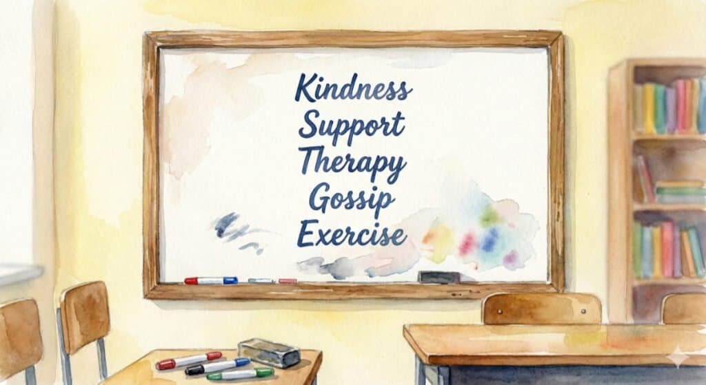 Watercolor of classroom whiteboard with the words Kindness, Support, Therapy, Gossip, and Exercise written on it.