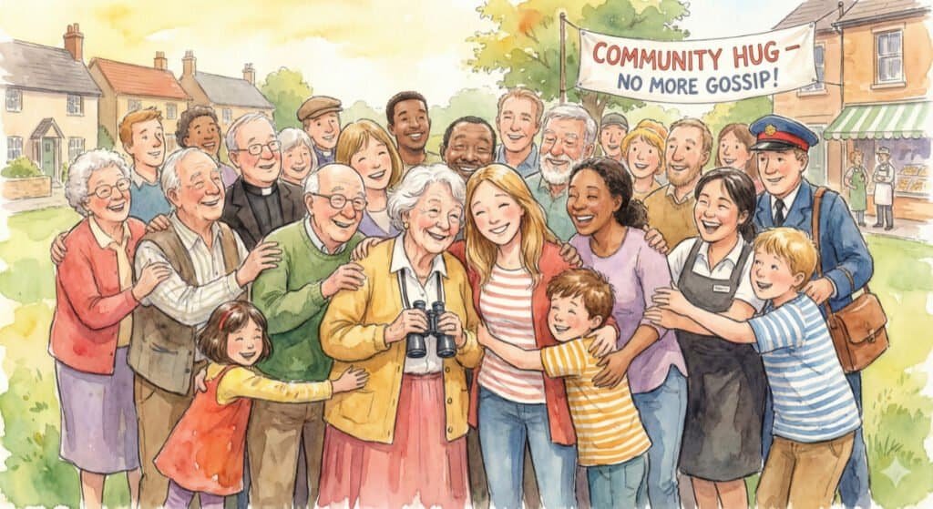 Watercolor of community sharing group hug. No more gossip sign in background.