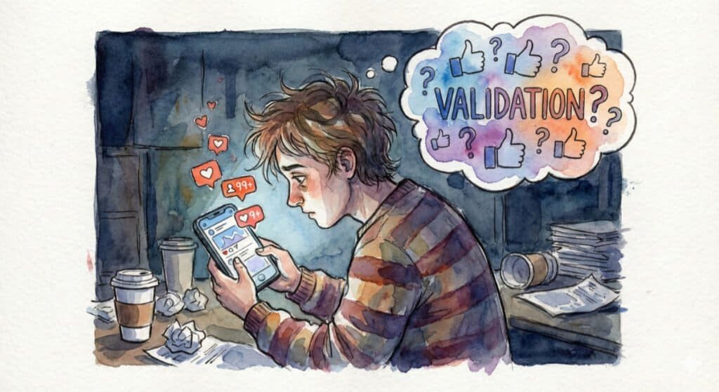 A young guy very focussed on Social Media validation.
