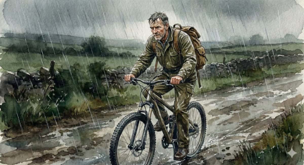 Watercolor of a middle-aged guy cycling to his farming job in the pouring rain. He's wet but content. It's all relative.