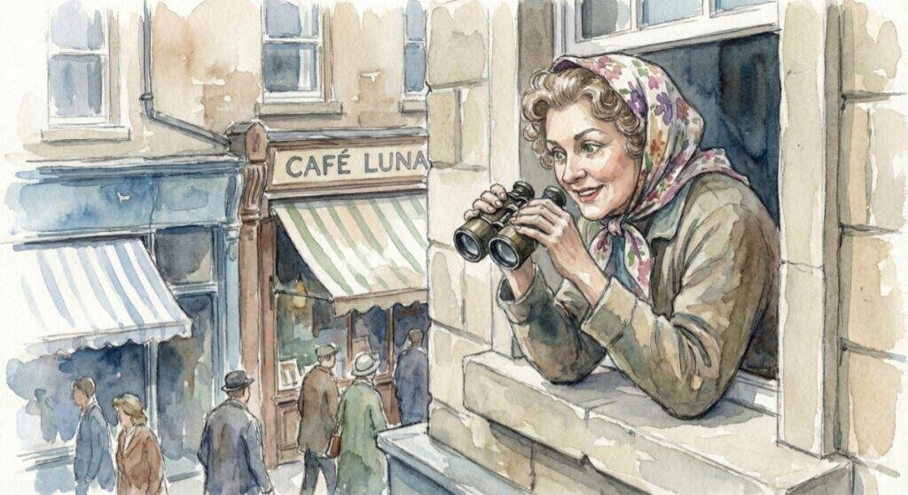 A hungry gossip overlooking high street with binoculars.