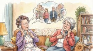 Two older ladies enjoying gossip about a man walking in the high street with a woman