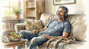 Watercolor of a healthy middle-aged guy relaxing on couch. Keeping steady with healthy food, time to relax, and listening to music.
