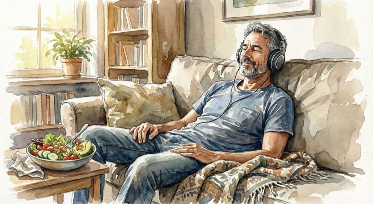 Watercolor of a healthy middle-aged guy relaxing on couch. Keeping steady with healthy food, time to relax, and listening to music.