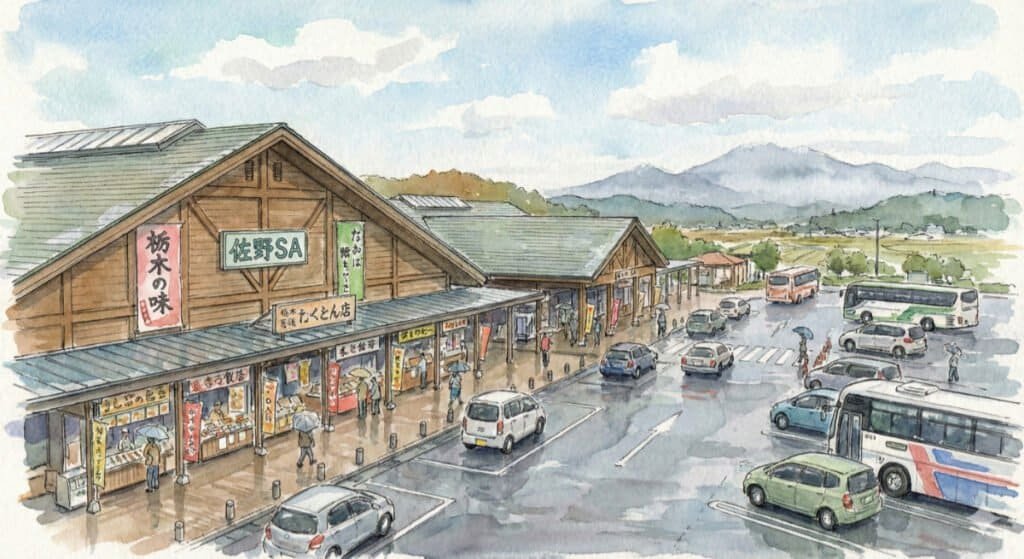 Watercolor of a highway rest stop in Tochigi Prefecture, Japan. A place to rest, eat and shop for souvenirs.