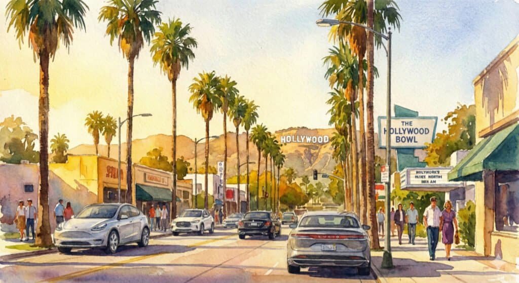 Watercolor of a sunny Hollywood, Los Angeles scene with palm trees, people, cars, and mountains in the background.