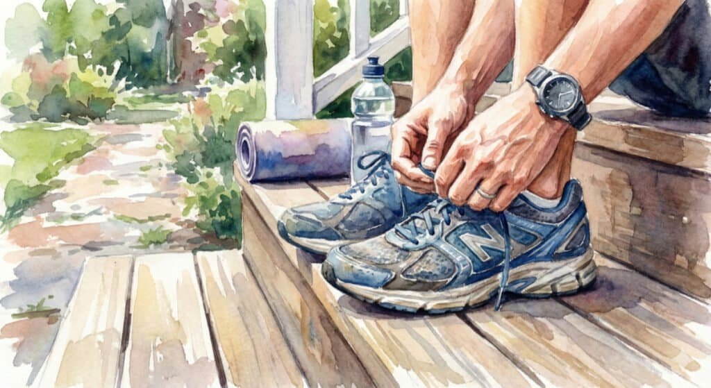 Watercolor close-up of someone lacing up a pair of sports shoes.