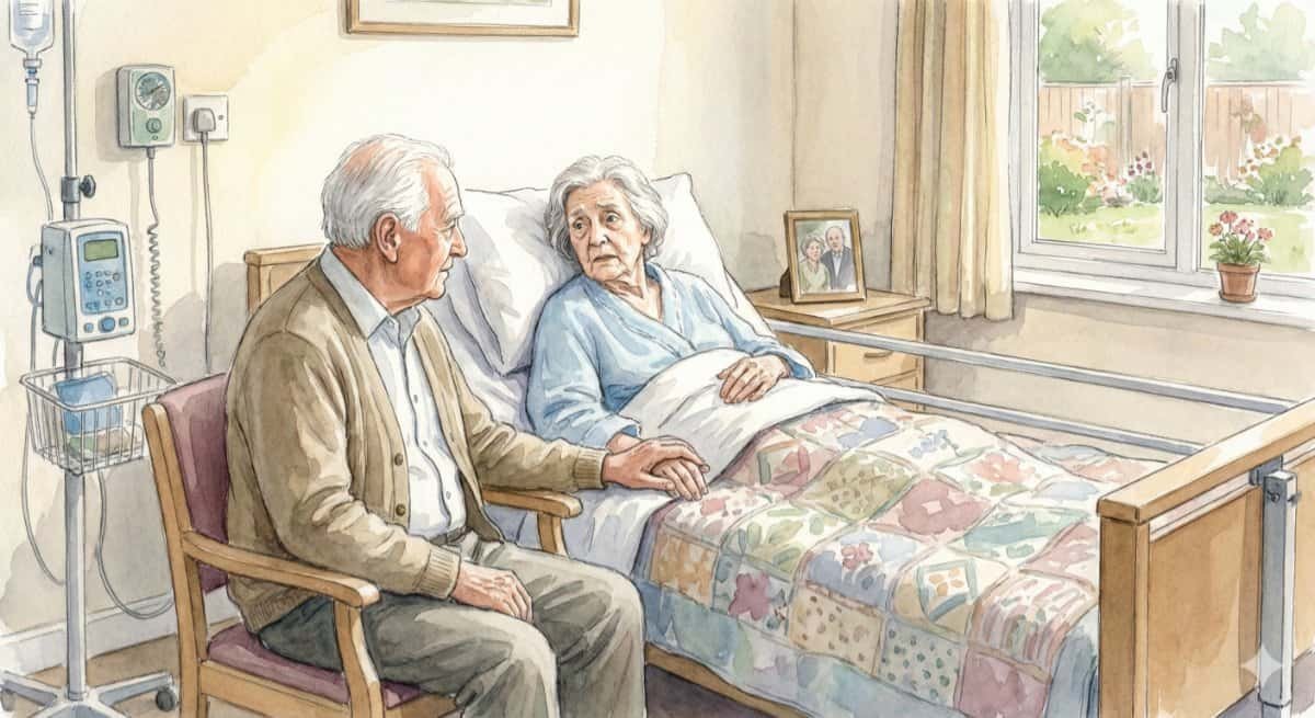 Watercolor of a senior man visiting his wife who has dementia.