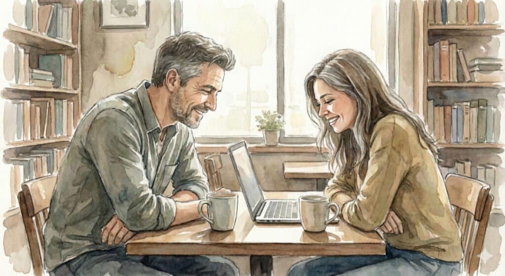 Watercolor of a man and woman in platonic friendship looking at a laptop computer and drinking coffee. No source of gossip here.