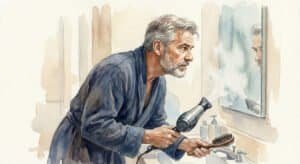 A mature man concentrated on styling hair with hairdryer. Part of checking in with himself and showing up.