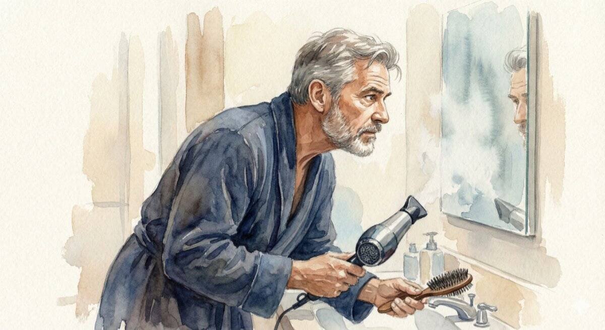 A mature man concentrated on styling hair with hairdryer. Part of checking in with himself and showing up.