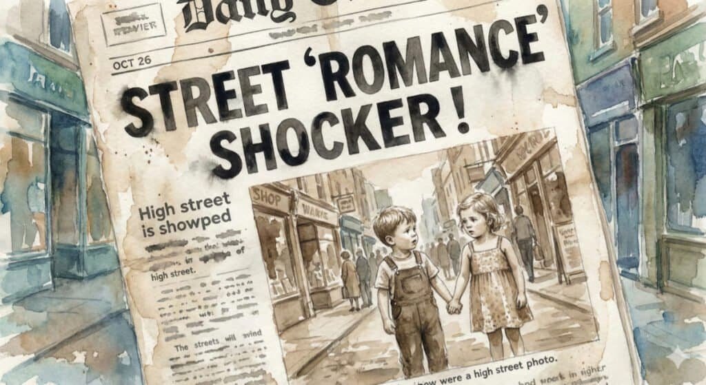 Watercolor of newsapaper with headline `Street Romance Shocker' - photo childhood sweethearts.