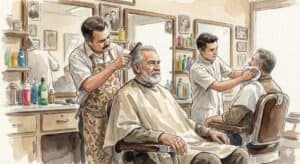 Watercolor of a respectable older guy getting a makeover hair style in a barber shop.
