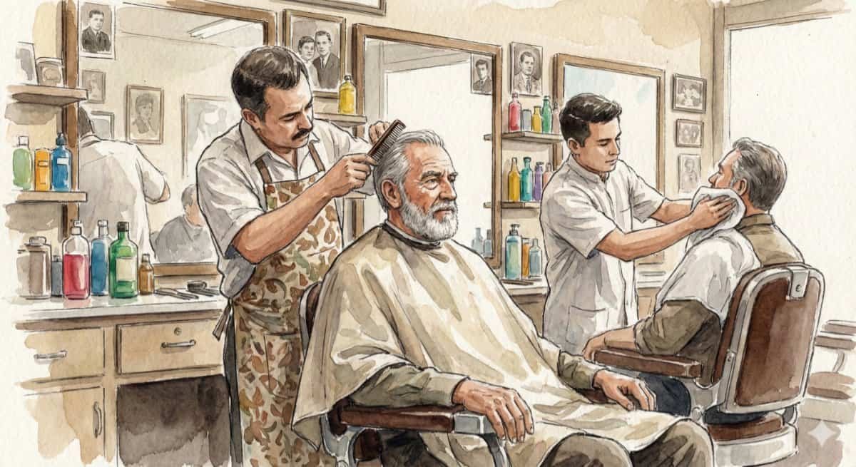 Watercolor of respectable older guy getting hair styled in barber shop.