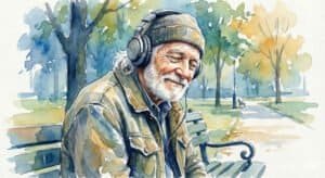 Watercolor of older guy listening to music with headphones and smiling