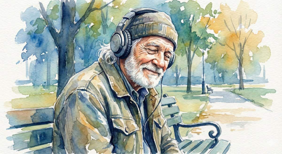 Watercolor of older guy listening to music with headphones and smiling