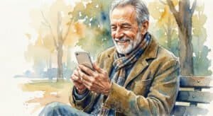 Watercolor of older guy using simple smartphone and smiling