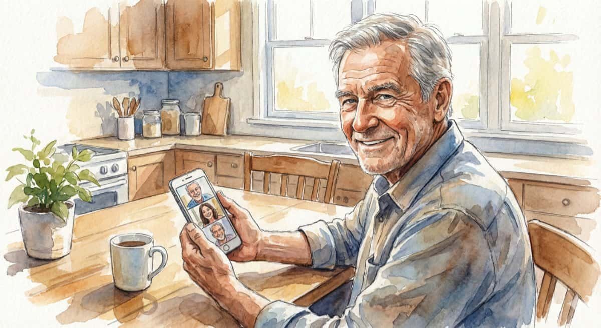 Watercolor of an older guy happily video chatting with relatives on a smartphone