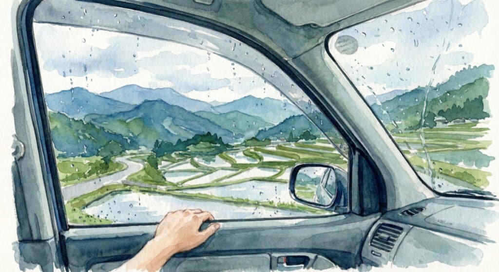 Watercolor of car passenger side view of Tochigi rice fields. Getting out of your own head and enjoying new surroundings and nature.