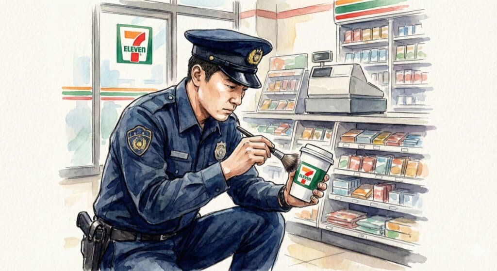 Watercolor of policeman dusting 7-Eleven coffee cup for fingerprints