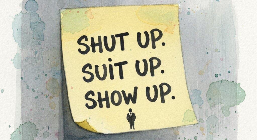 Shut up. Suit up. Show up. Sticker on fridge.