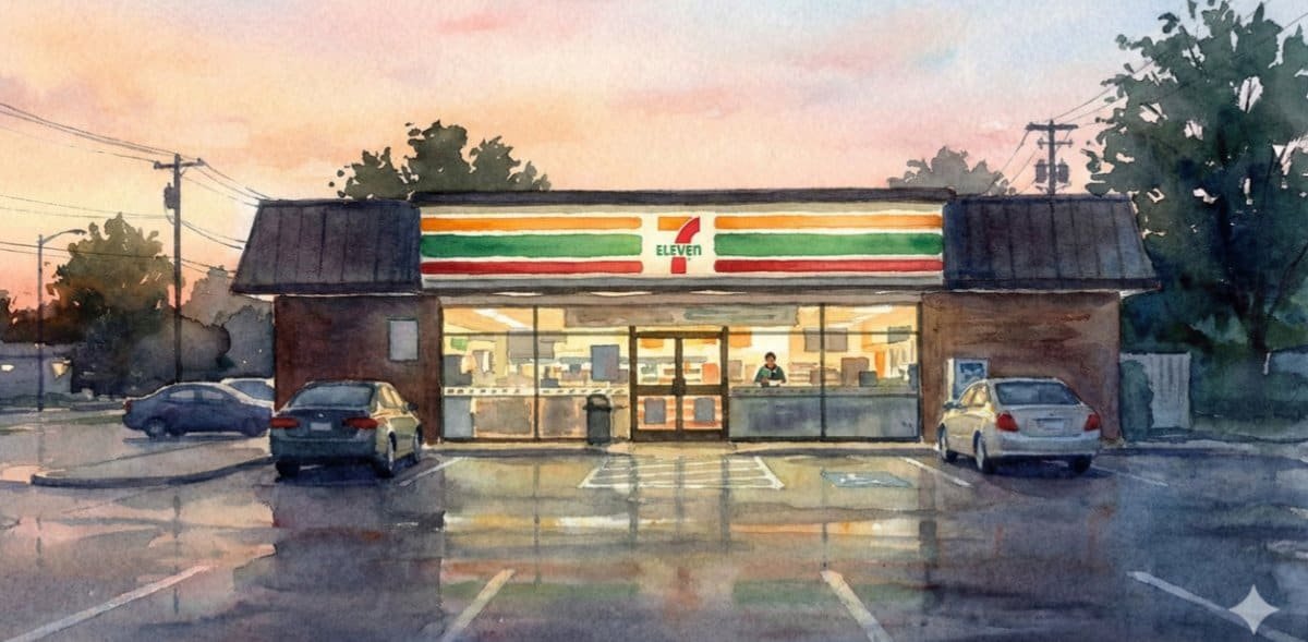 Watercolor of quiet 7-Eleven at dawn