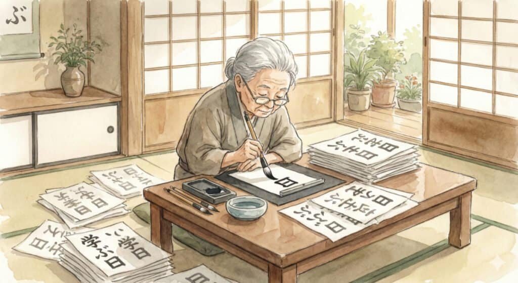 An old Japanese lady practicing Japanese calligraphy through repetition.