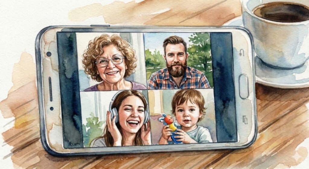 Watercolor of a smartphone screen showing a video call with four different relatives.