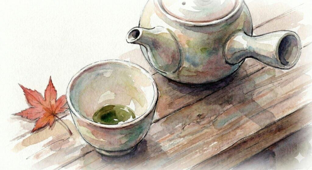 Watercolor sketch of a Japanese tea cup and a teapot sitting on a wooden table with a single maple leaf, signifying autumn and the changing of seasons.