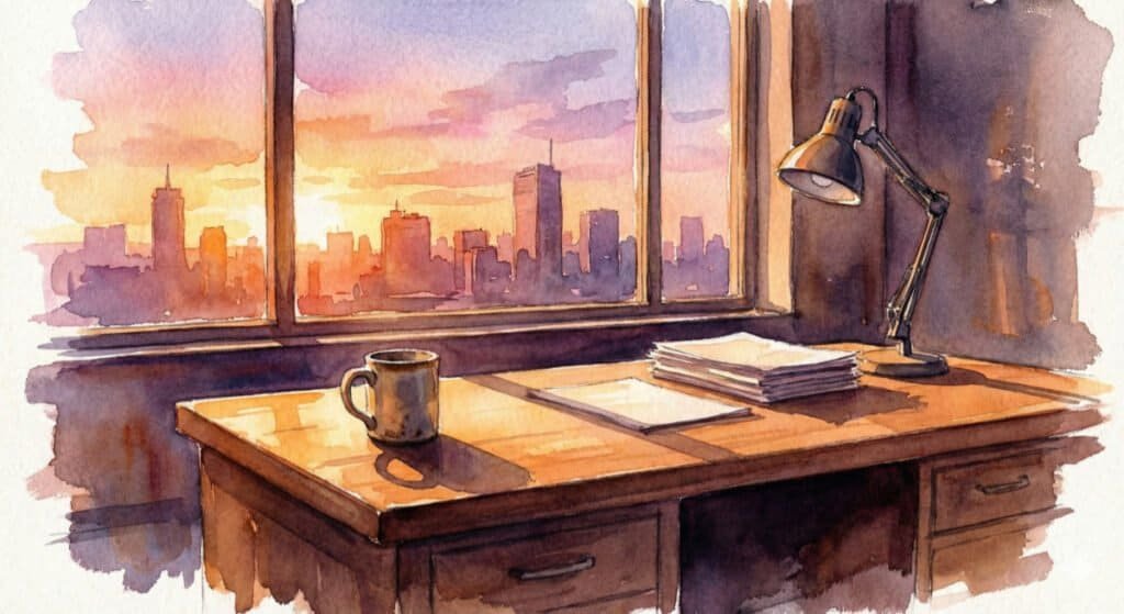 Watercolor of an empty office desk by a window, with coffee cup, lamp, a stack of notes, and a notepad. Outside the sun is setting behind a city landscape