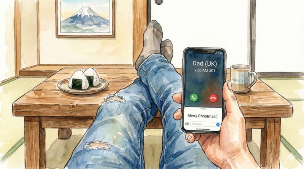Watercolor POV view feet on coffee table, calling Dad in UK from Japan to say Merry Christmas. Onigiri, coffee, and picture of Mt. Fuji on wall.