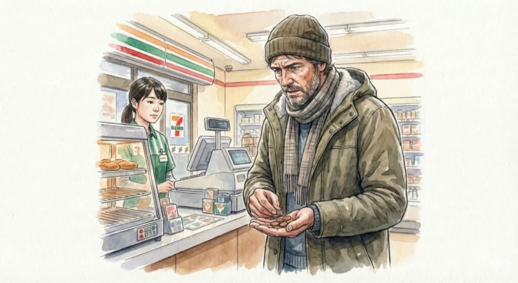 Watercolor of foreign middle-aged guy counting coins at a Japanese 7-Eleven cash register, slightly panicked and embarrassed. All part of living paycheck to paycheck anxiety.