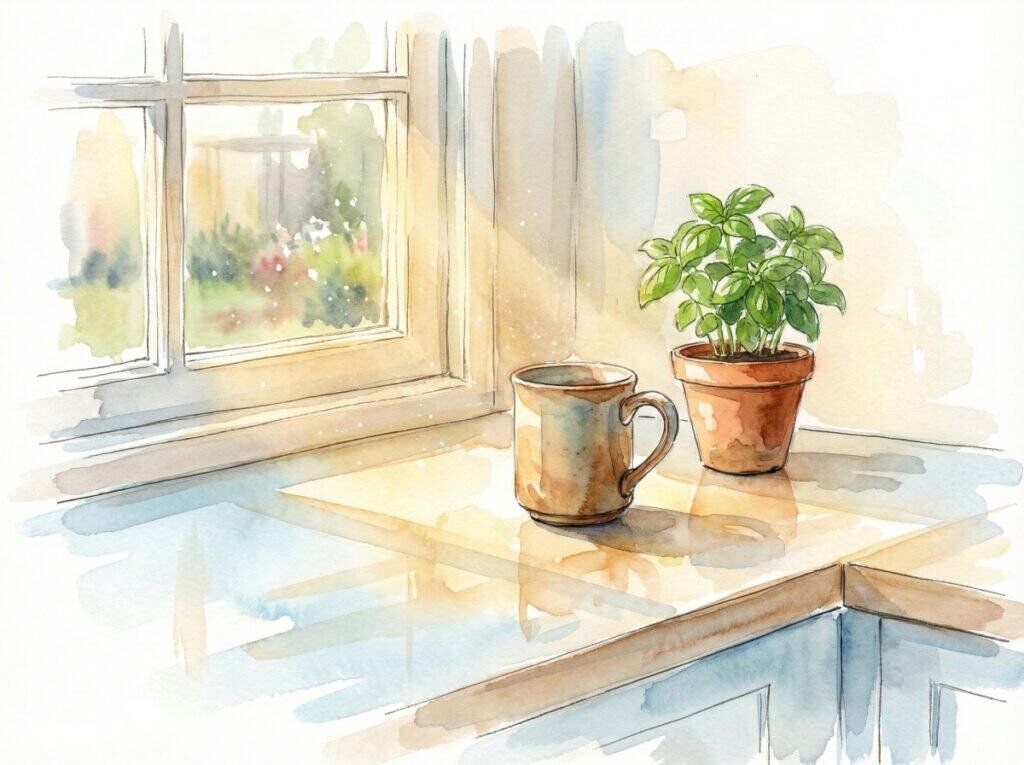 Watercolor section of a kitchen counter that has just been cleaned. A ceramic mug sitting next to a small, potted herb near a window. Sunlight is streaming in, hitting the clean surface.