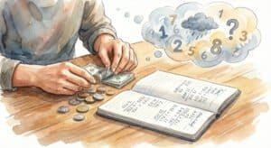 Watercolor of hands counting cash, and worrying about not having enough money, representing financial stress vs anxiety.