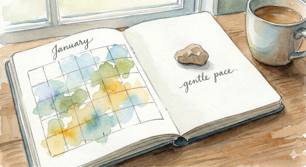 Watercolor illustration of an open January diary with a rock paperweight holding down a page that reads 'gentle pace'.