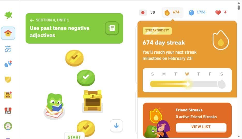 PC screenshot of Duolingo 674 day streak. A daily anchor activity that has helped to keep me steady.